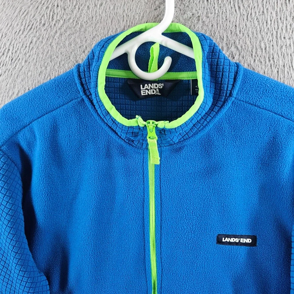 Lands End Mens Blue Grid Fleece Full Zip Jacket Lime Green Trim Large 42-44